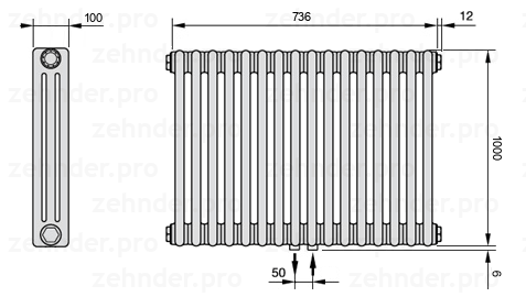 Схема (чертеж) Радиатор Zehnder Charleston 3100/16 №5410 Белый глянцевый RAL 9016